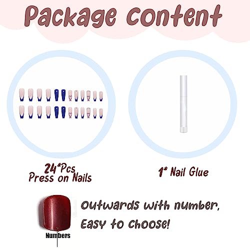 BABALAL Coffin Press on Nails Long Fake Nails Blue French Tip Heart Glue on Nails Rhinestone Ballerina Acrylic Nails for Women and Girls 24Pcs Valentines Nails Press on - Image 5