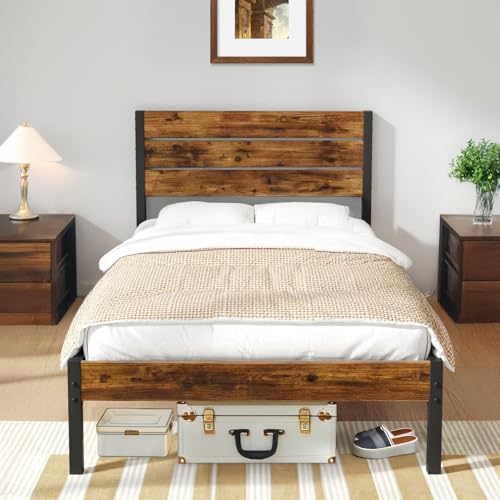 Marco de Cama Individual con Cabecera y Pie de Cama, Base de Cama con Cabecera Individual Espacio de Almacenamiento Debajo de Cama, Base Cama con Sistema de Soporte Totalmente de Metal, Fácil Montaje