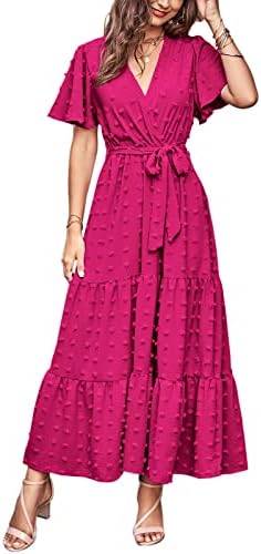 MASCOMODA Womens Boho Swiss Dot Maxi Dresses Wrap V Neck Flutter Short  Sleeve Solid Tie Belt A Line Tiered Flowy Long Dresses, Rose Red, Medium  price in Saudi Arabia | Amazon Saudi