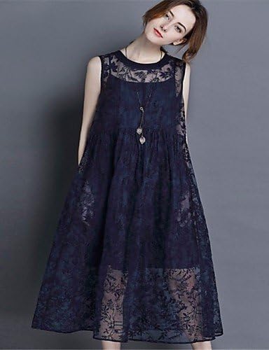 AMEA Women's Going out Casual/Daily Vintage Simple Chinoiserie Loose Dress,Solid Patchwork Embroidered Round Neck Midi SleevelessSilk Cotton , l