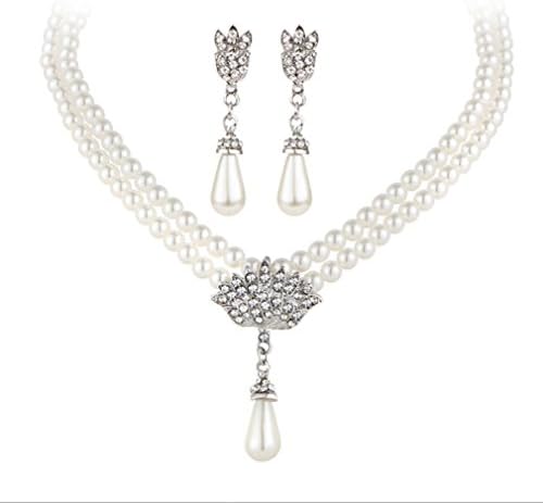 ULAKY Women Beautiful Elegant Pearl Diamond Necklace Earring Set