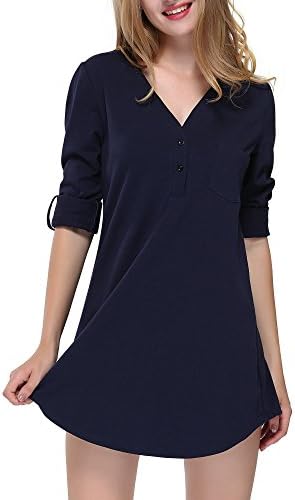 DKBAYA Women Split V-Neck 3/4 Roll-Up Sleeve Button Down Casual Blouses Shirts (S, Navy)