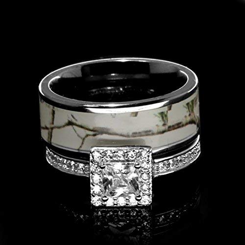 Women's Titanium Camo & Sterling Silver Ring Set – Halo CZ Engagement & Wedding Band - View #11