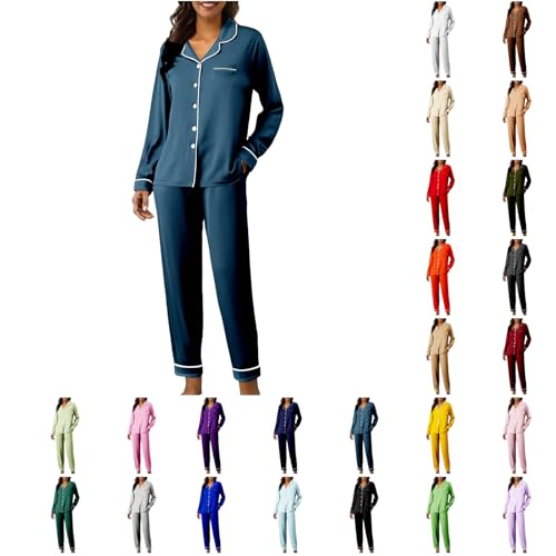 DUHGBNE silky pyjamas for women Women's Satin Pyjamas Set Long Sleeve Sleepwear Comfy with Pockets Breathable Comfortable Loungewear for soft