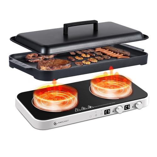 AMZCHEF 3000W Induktionskochfeld 2 Platten, Tragbares Doppelinduktionskochplatte mit Abnehmbarer Grillpfanne, 9 Leistungs-/Temperaturstufen, für Indoo