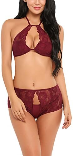 Women's Sexy Lingerie Set Halter 2 Piece Lace Bra and buttless Panties Panty Set