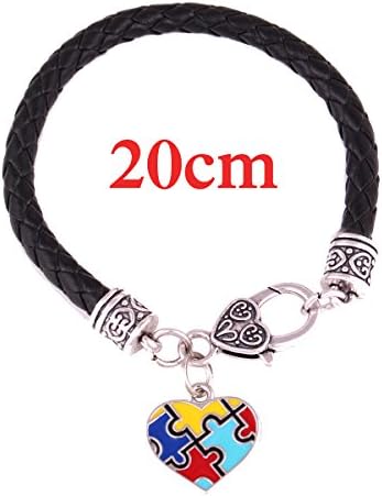 Huilin Jewelry 15cm20cm24cm leather chain Autism Awareness Heart puzzle Piece Jigsaw Hope Charm Lobster Claw Bracelet (20cm)