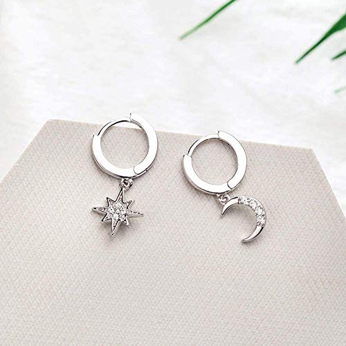 CZ Moon Star Dangle Small Hoop Earrings for Women Girls Sterling Silver Charms Crystal Asymmetrical Snowflake Crescent Drop Mini Cartilage Clip Jewelry Delicate Fashion Birthday Gifts