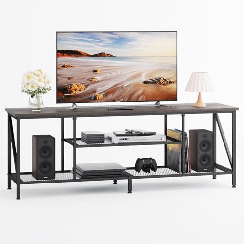 SKY-TOUCH Modern TV Stand: 3-Tier Open Storage Shelves, 140*40*43 CM, Grey Oak Wood