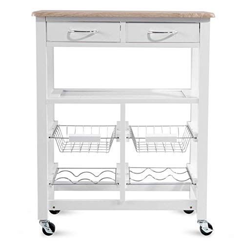 Kitchen Cart Island On Wheels,JULYFOX Kitchen Trolley Microwave Cart with Storage Drawers Shelves Red Wine Rack Solid Wood Breakfast Cart 33 inches Tall Bar Table for Small Spaces White and Oak