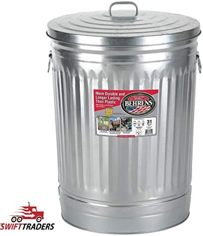 SWIFT TRADERS High Grade 31 Gallon Trash can is Made of Durable, Galvanized Steel 1270 31 Gal Silver Galvanized Steel Trash Can W/Lid - with Free Gloves