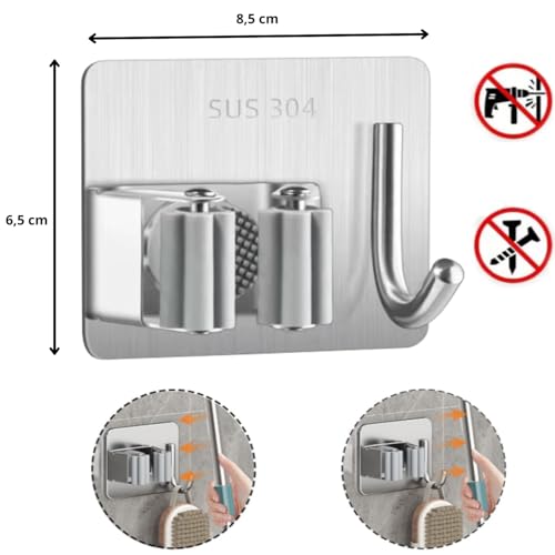 Kit 3 Unidades – Suporte Porta Vassouras em Aço Inox Premium com Prendedores Antiderrapantes e Ganchos – Organização Completa para Cozinha, Lavanderia e Garagem com Fixação Adesiva