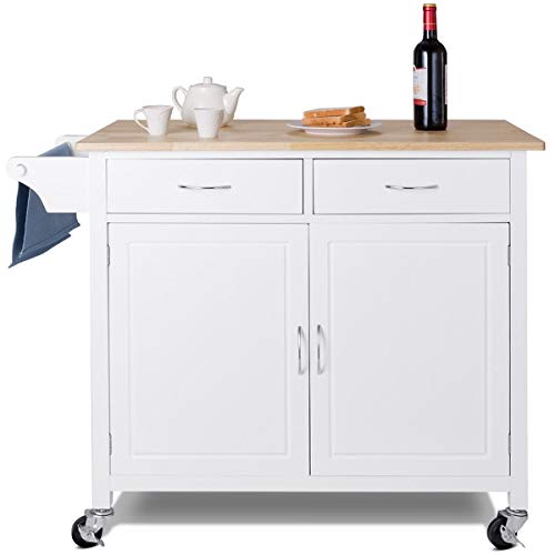 WATERJOY Rolling Kitchen Buffet Cart, Wood Utility Kitchen Storage Island Cart with Wood Top, Antique White(43" x 19.5" x 35.5")