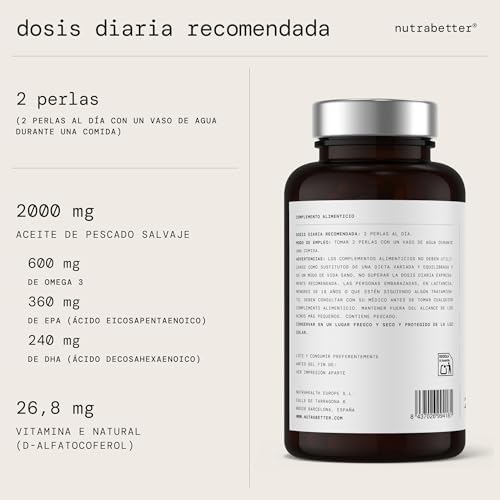 Omega 3 capsulas 2000mg | 200 Perlas | 600mg de Omega-3 puro + Vitamina E | Calidad Testada | Ácidos Grasos Omega 3 para Salud del Corazón, Cerebral y de la Presión Sanguínea | nutrabetter®