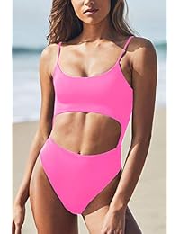Meyeeka Monokini con cuello redondo para mujer, parte delantera de encaje, corte alto, una pieza