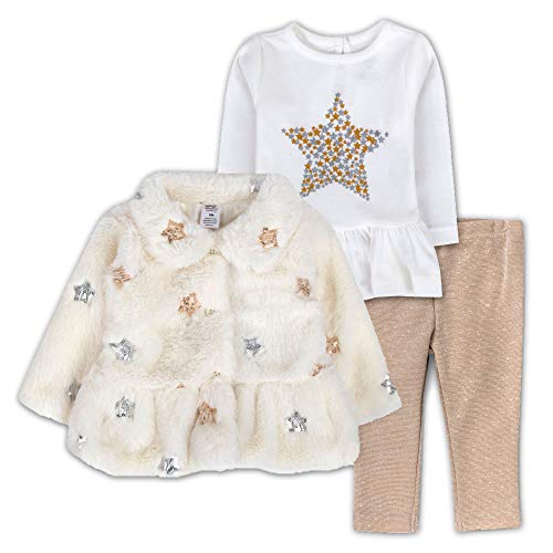 Fleece Fur Winter Coat Baby Girl 12-18 Months - Toddler Baby Girl Long Sleeve Outfit Sets with Peplum Top Dress, Leggings 3 Piece Set (White Coat Set, 12 Months)