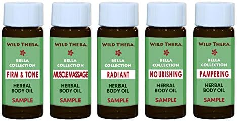Wild Thera Herbal Body Oil Sample Set. 5 x Body Oils for sensual massage, skin brightening, moisturizing & anti-wrinkle. Muscle massage oil for pain relief. Firming Oil for cellulite, and fat loss.