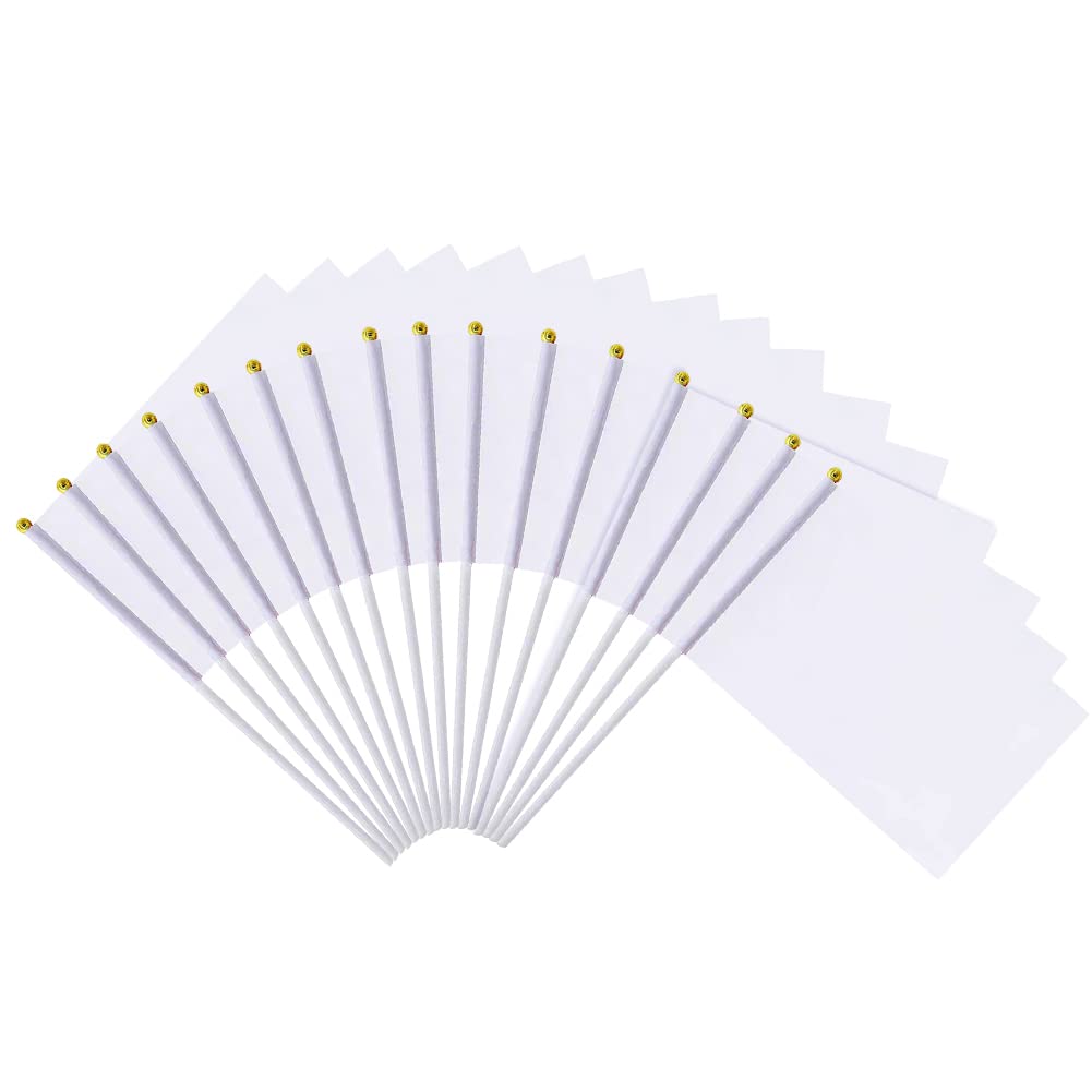 100Pack Plain White Hand Waving Flag on Stick With Flagpole - DIY Mini Blank Flags for Football Supporters, Bars, Clubs, Parties, Birthdays, Sporting Events, Community Events, 14x21cm