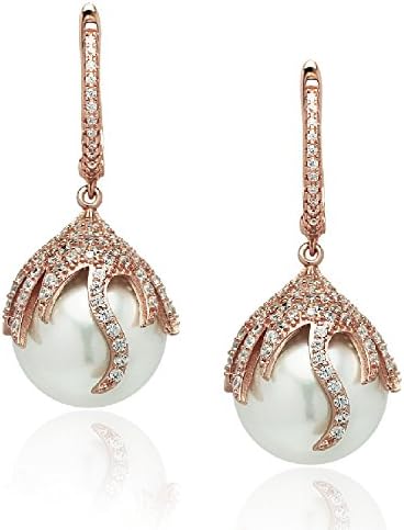 925 Sterling Silver Dangle Earrings, 14mm White Simulated Pearl, CZ Border, Rose Gold Tone, By Piers Design