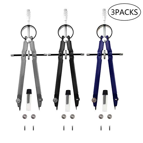 3 Pcs Math Compass, Geometry Metal Drafting with Spare Leads and Screws for School Students (3 Pcs, Black + Sliver + Blue)