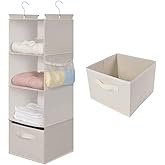 MAX Houser 4-Shelf Hanging Closet Organizer, Space Saver, Cloth Hanging Shelves with 2 Side Pockets, Foldable (Beige)