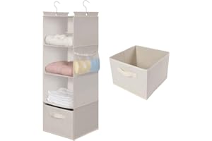 MAX Houser 4-Shelf Hanging Closet Organizer, Space Saver, Cloth Hanging Shelves with 2 Side Pockets, Foldable (Beige)
