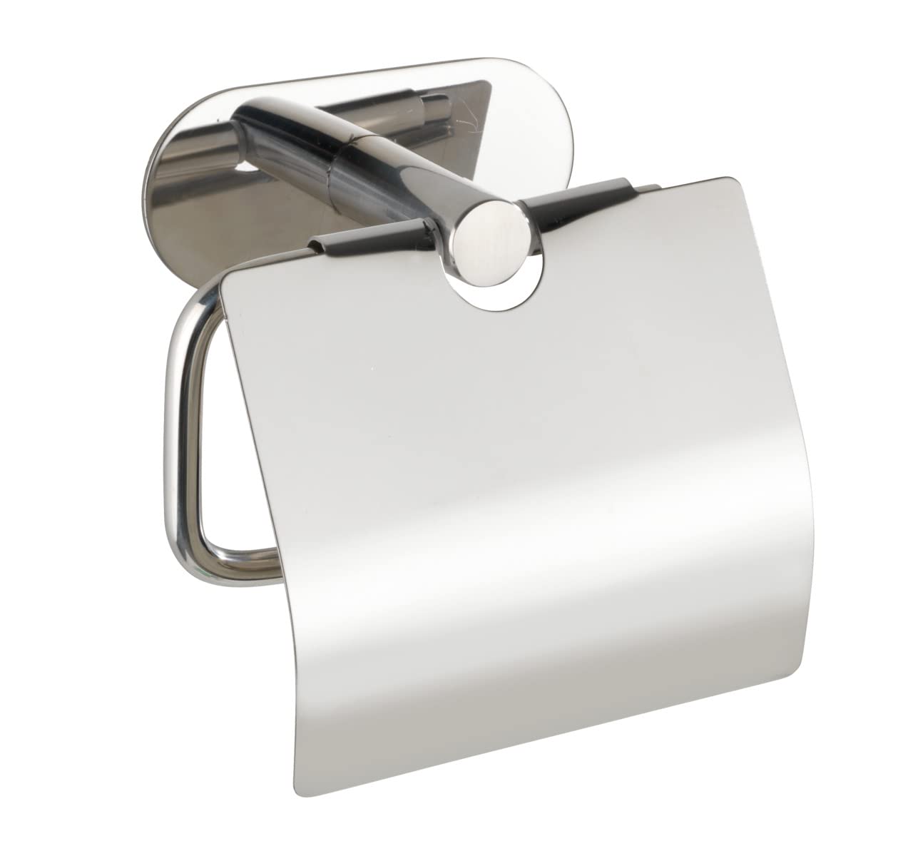 WENKO Turbo-Loc Orea Shine Toilet Roll Holder with Lid, No Drilling Required, Paper Roll Holder with Lid for Protection, Solid Quality, Rustproof Stainless Steel, Glossy, 14 x 12.5 x 7 cm