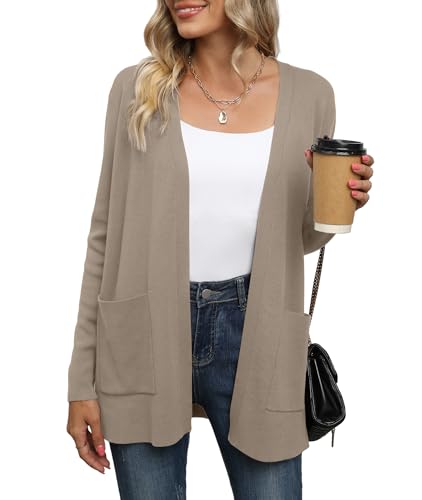 LILBETTER Women Open Front Cardigan Sweater with Pockets Fall Outfits Khaki at Amazon