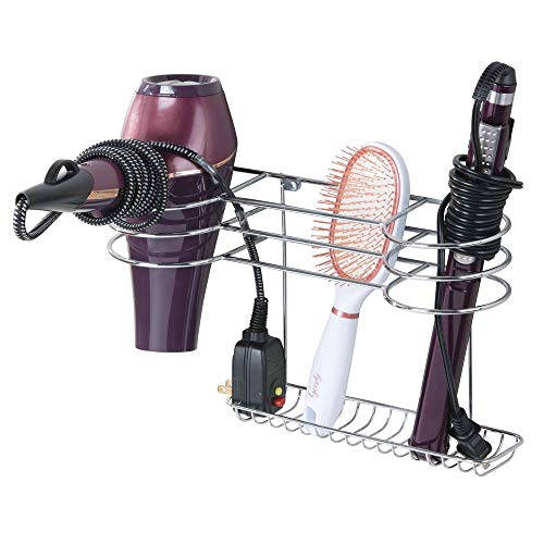 mDesign Bathroom Wall Mount Metal Hair Care & Styling Tool Organizer Storage Basket for Hair Dryer, Flat Iron, Curling Wand, Hair Straighteners, Brushes - Steel Wire - Chrome