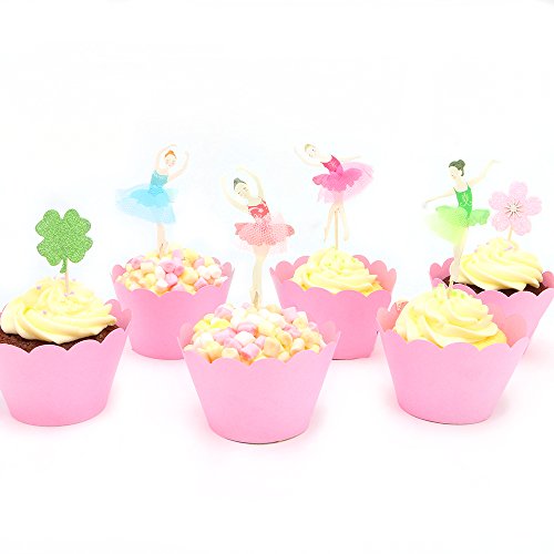 Luxcathy 24 Counts Ballet Girls Decorative Cupcake Toppers and Wrappers Pack - 4 Ballet Girls, 4 Pink Cherry Blossoms, 4 Clovers and 12 Wrappers