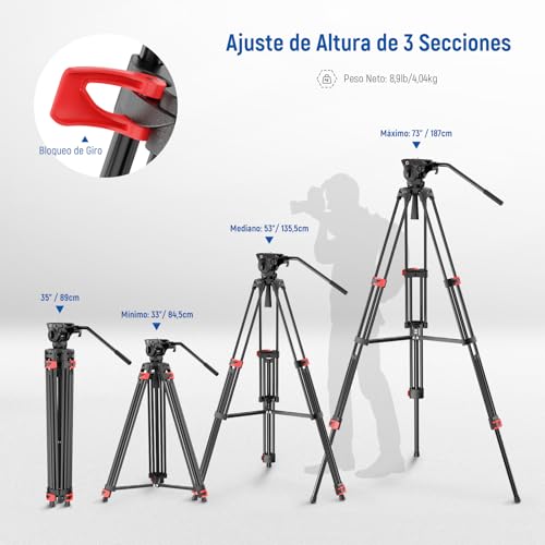 NEEWER 74" Trípode Vídeo Básico con Cabezal Fluido, Trípode Cámara Metal con Amortiguación Suave, Esparcidor Nivel Medio, Placa Liberación Rápida Compatible con 501, Carga Máx 17,6lb, TP37