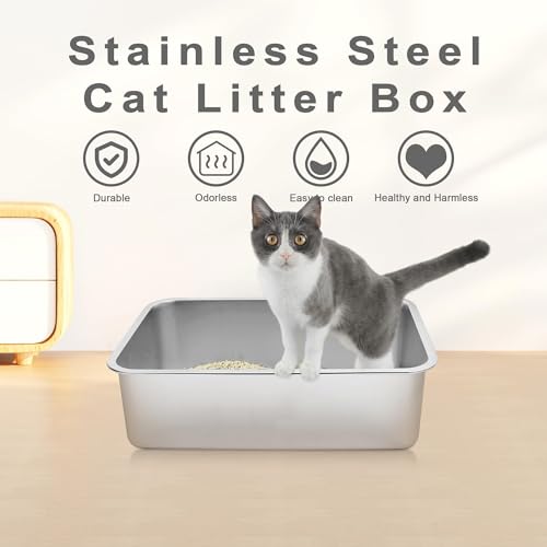 ORCHID M® 19.7"x13.8"x5.9"Stainless Steel Cat Litter Box High Side Cats Toilet Kitten Litter Pan, Pet Cleaning Tool for Big and Small Cats, Rabbits, Splash-Proof and Non-Stick Cat Poop Box odorless