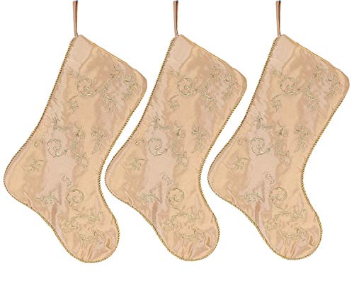 EDLDECCO 20.5 Inches Christmas Stocking Pack of 3 Golden with Embroidery X'Mas Holiday Party Decor Ornaments
