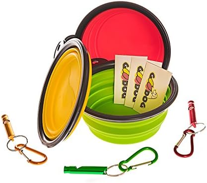 Travel Dog Bowl (Set). Collapsible, Durable 13cm Silicone Bowls. Fast Foldable Design, Perfect for Dogs, Cats, Pets Food and Water. Set Includes 3 Bowls 3 Clips &amp; 3 Whistles (Assorted Colors)