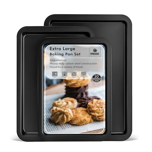 HONGBAKE XL Large Baking Sheet Set-19x13.25 in, Large Cookie Sheet Pan, Nonstick Oven Tray with Wider Grips, 3 Pack Bakeware, Dishwasher Safe - Dark Grey