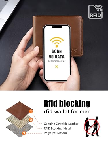 GSG SINCE 1998 Mens Cowhide Leather Wallets with Coin Pocket,17 Credit Card Slots, 2 Banknote Compartments Genuine Leather RFID Wallet Brown