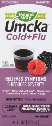 NATURE’S WAY UMCKA COLD AND FLU RELIEF SYRUP, FEVER*, SORE THROAT, COUGH, CONGESTION, BODY ACHES*, HOMEOPATHIC, PHENYLEPHRINE FREE, 0.05% ALCOHOL, BERRY FLAVORED, 4 FL OZ (PACKAGING MAY VARY)