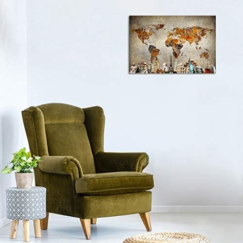 Grunge World Map Monuments Canvas Wall Art - Ready to Hang - Large Wonders of the World Artwork Hanging Print for Home Office, Living Room, Bedroom, Kitchen, Bathroom - Made in USA - 1 Piece 36” x 24”