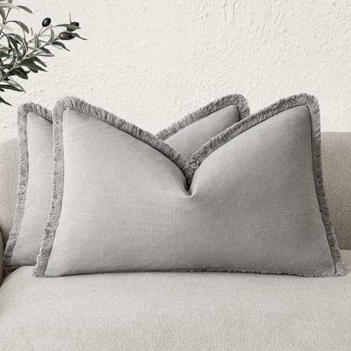 Foindtower Set of 2 Decorative Linen Fringe Lumbar Throw Pillow Covers Farmhouse Cushion Cover with Tassels Accent Pillowcase for Couch Sofa Bed Living Room Home Decor,12×20 Inch,Light Rustic Gray