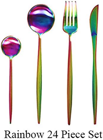 24 Pcs/set Dinnerware Set 304 Stainless Steel Black Cutlery Set Knife Fork Set Tableware Gold Plate,Rainbow