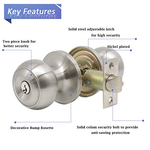 Brushed Nickel Keyed Entry Combo Door Knobs, Exterior Entry Door Handles Keyed Alike, Flat Ball Shape, Door Knobs Contractor Pack of 4
