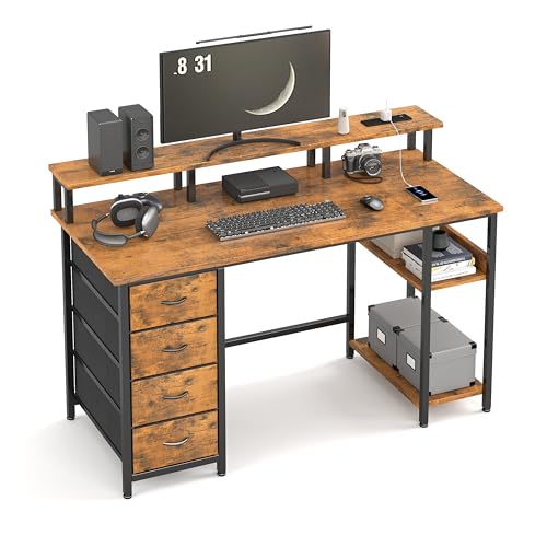 MUTUN 47" Reversible Computer Desk with Charging Station, Office Desk with Drawers and Shelves, Bureau de Travail, Home Office Desks, Study Table with Monitor Stand (Rustic Brown, 47 Inch)