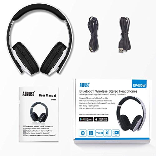 August EP650 Bluetooth Over Ear Wireless Stereo NFC 3.5mm Headphones with Rechargeable Battery, Audio In Socket, Multipoint and Built-in Microphone for Mobile Phones, iPhone, iPad, Laptops, Tablets, Smartphones - White