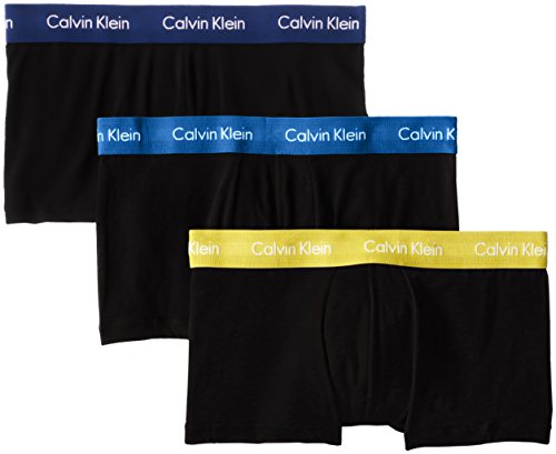 Calvin Klein Men's Cotton Stretch 3 Pack Low Rise Trunks, Black/Sunbeam/Skyview/Satellite, Large