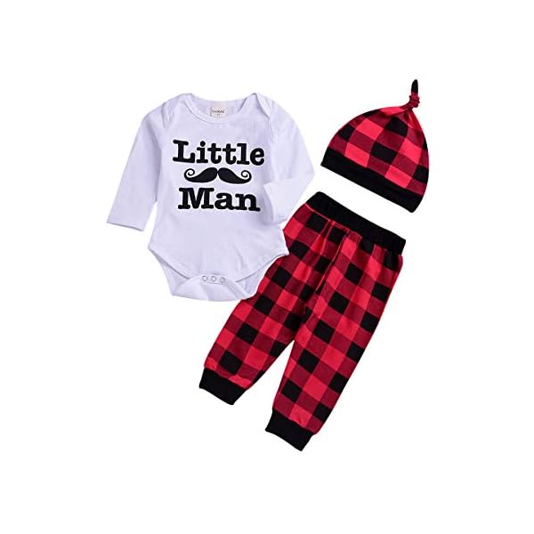 YOUNGER TREE Newborn Boy Clothes Set Long Sleeve Romper,Plaid Pants + Cute Hats 3pcs Outfit