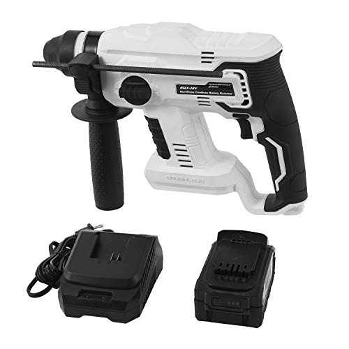 GOODSMANN Taladro de percusión sin escobillas Kit de martillo inalámbrico 4 modos, velocidad variable con luz LED Mango ajustable Limitador de profundidad de perforación 20 V 4000 mAh Cargador de batería de iones de litio 9904-B204-01