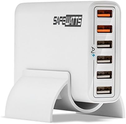 6-Port Multiple USB Charger by Safewatts (White) - Cell Phone Charger for Apple iPhone 6, Samsung Galaxy S7, Smartphones, Tablets, Mobile Devices - Adaptive USB Wall Charger with Quick Charge 2.0