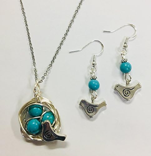 Robins Nest or Bird's Nest Pendant & Earring Set - with 3 Turquoise Eggs on a 24 inch stainless steel link chain