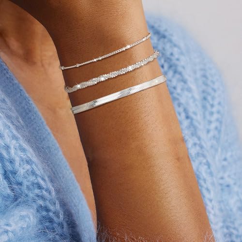 CASSIECA Sterling Silver Bracelets for Women Ladies Silver Bracelets Layered Dainty Link Chain Bracelet Adjustable Stackable Beaded Bracelets for Women Girls