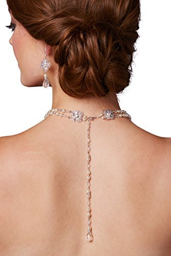 Mariell 2-Row Glass Pearl & Crystal Back Drop Bridal Necklace for Weddings & Prom - Handmade in The USA